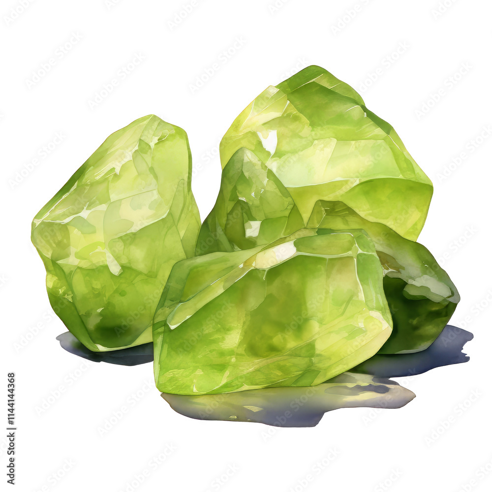 Fototapeta premium Green Peridot Gem Stone isolated on a transparent background, Watercolor Illustration of a green peridot gemstone, Transparent PNG