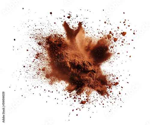 Explosion splash of ground dancing coffee or cocoa powder with freeze, pile of splatter of coffee grind dust powder, brown shattered, on isolated transparent background png


