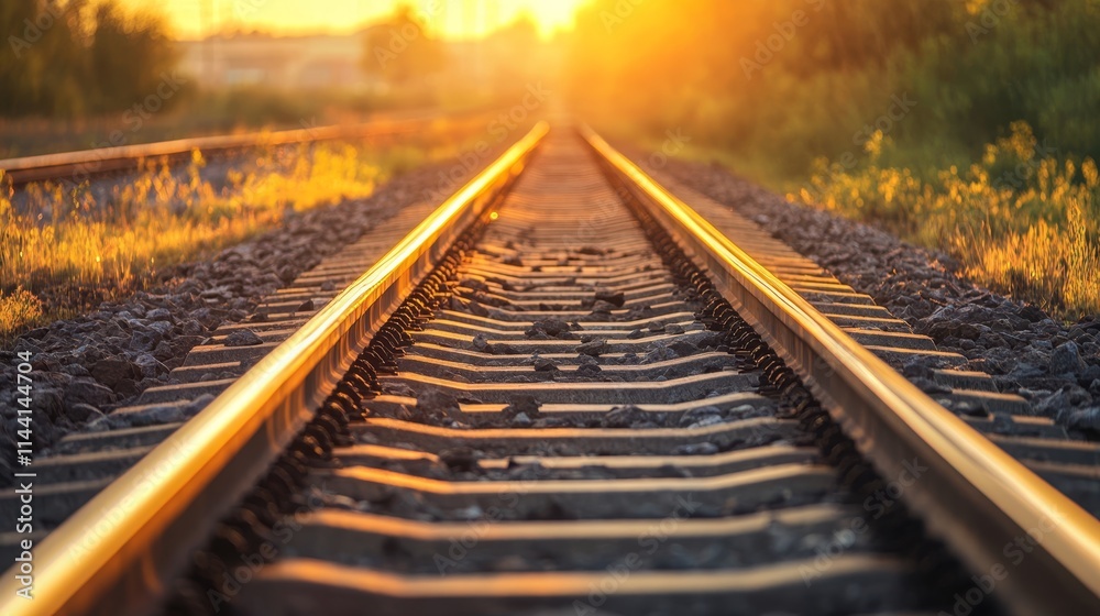 Obraz premium Golden sunset over a railway track stretching to the horizon.