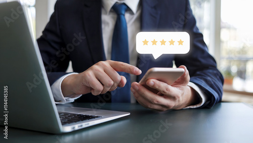Businessman Using Smartphone for Online Review, Customer Feedback with Star Rating, Digital Interaction Concept in Modern Workspace