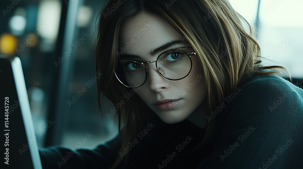 Focused business woman working on laptop in modern office setting Focused business woman working on laptop in modern office setting