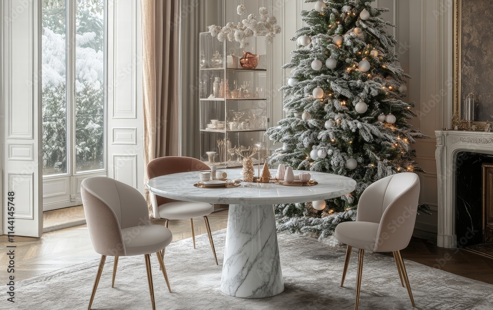 Obraz premium A stylish dining room with a round marble table, sleek chairs, and a snowy Christmas tree with pastel decorations