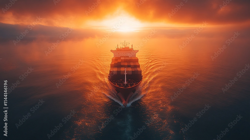 Fototapeta premium Drone shot of a cargo container ship sailing through the ocean, symbolizing efficient global shipping, logistics, and international trade.