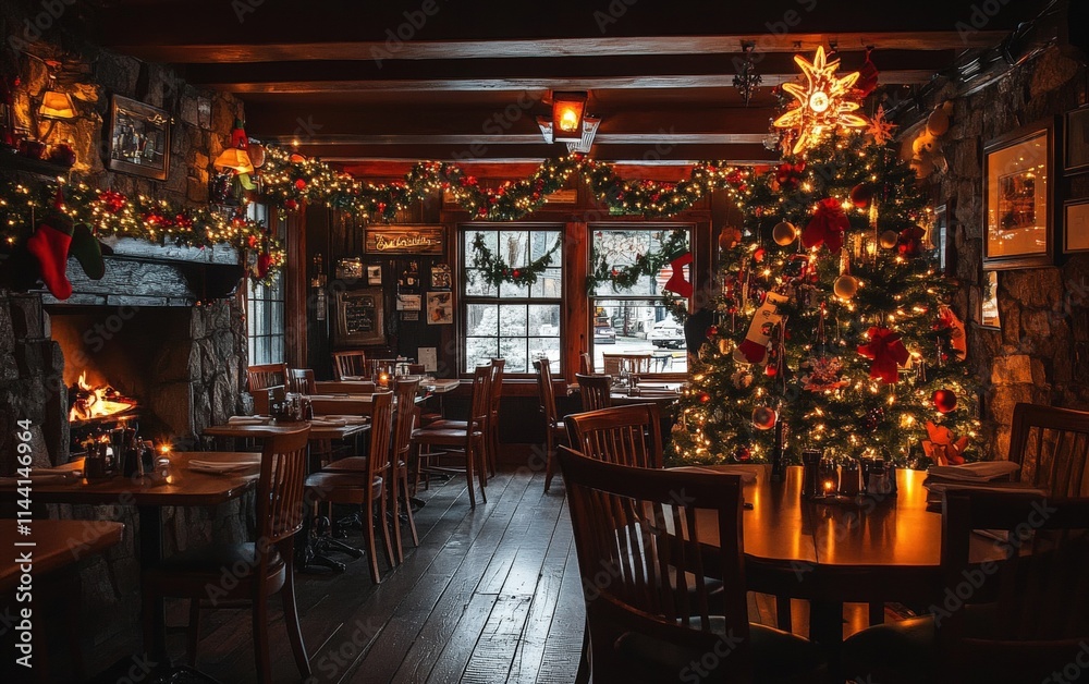 A cozy restaurant with a glowing Christmas tree and festive garlands draped around the tables and chairs A cozy restaurant with a glowing Christmas tree and festive garlands draped around the tables and chairs