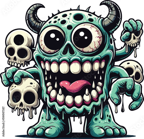 Grinning Goo Monster: Cartoon illustration of a cute yet spooky green monster with multiple arms, each holding a skull. Its wide grin and large eyes convey a playful yet slightly menacing vibe.   photo