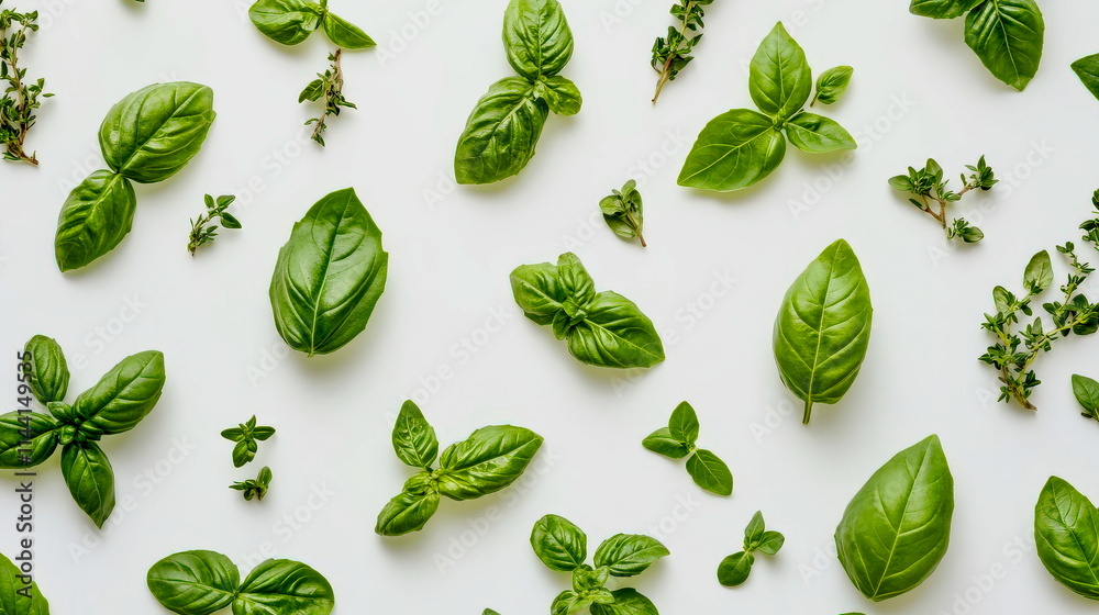 A neatly arranged flat lay of vibrant green basil, oregano, and thyme leaves on a clean white background A neatly arranged flat lay of vibrant green basil, oregano, and thyme leaves on a clean white background