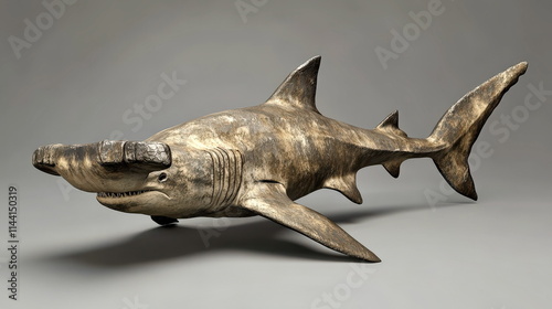 A stylized representation of a hammerhead shark with its distinctive shape and textured body
