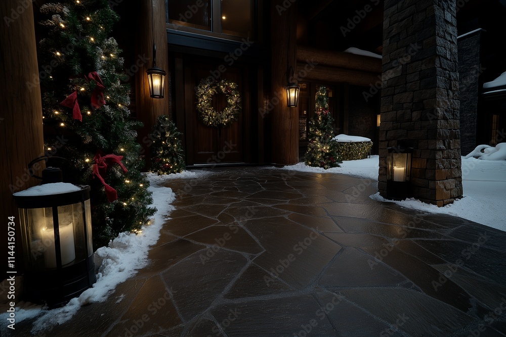 Obraz premium Cozy Christmas Eve at a log cabin. Snow-covered pathway, twinkling lights, and festive wreaths.