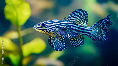 A vibrant zebra pleco fish with intricate black-and-white striped patterns, floating gracefully photo