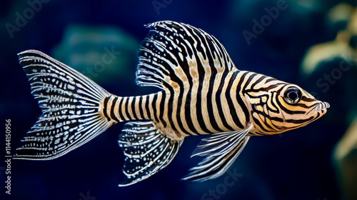 A vibrant zebra pleco fish with intricate black-and-white striped patterns, floating gracefully photo