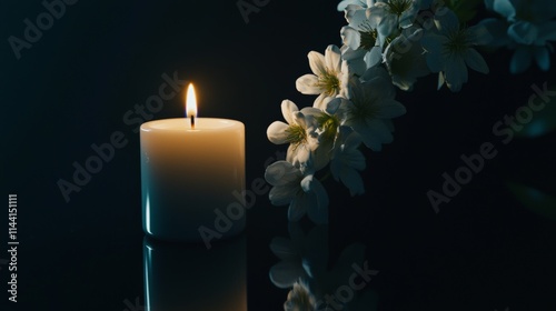 Single candle with white flowers on the side, creating an atmosphere of peace and healing for a funeral or cleansing ritual. Black background.
