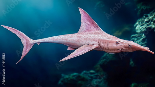 An intricate drawing of a pale pink sawfish with its unique elongated snout, highlighted gracefully photo