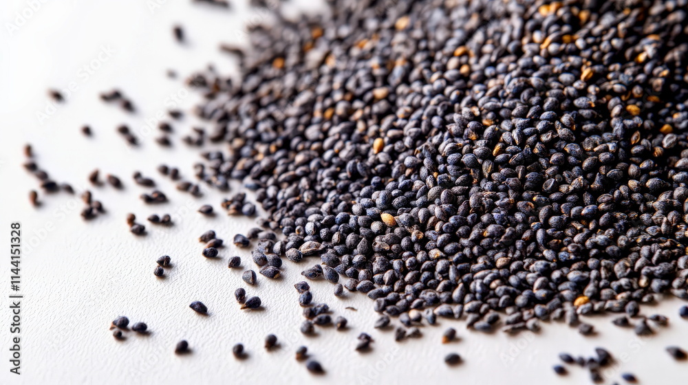 Close-up of rare blue poppy seeds, tiny and textured, scattered on a smooth white surface Close-up of rare blue poppy seeds, tiny and textured, scattered on a smooth white surface
