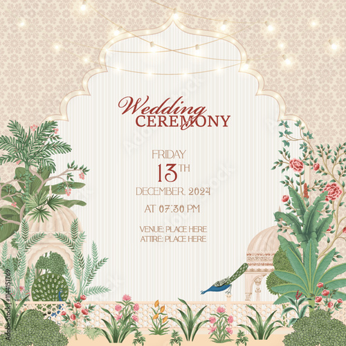 Indian Mughal wedding ceremony invitation card floral elements, decorative arches, peacocks and a soft, elegant color palette with placeholders for event details