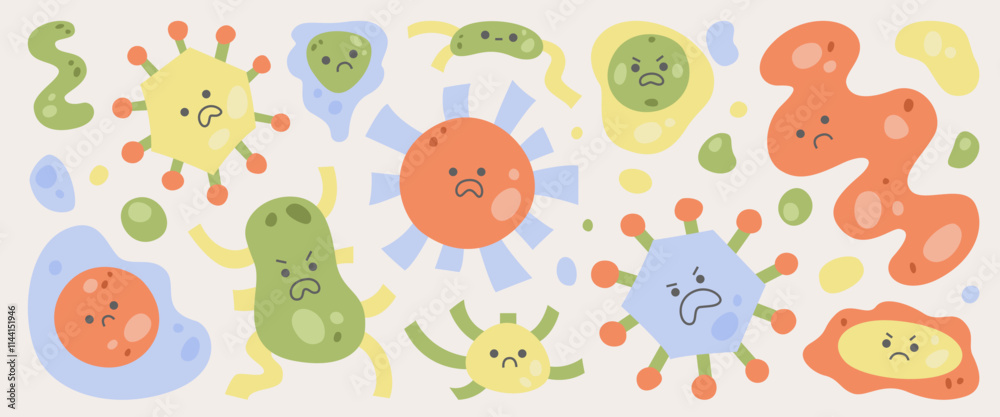 Cartoon bacteria, viruses, and microorganisms with angry expressions Cartoon bacteria, viruses, and microorganisms with angry expressions