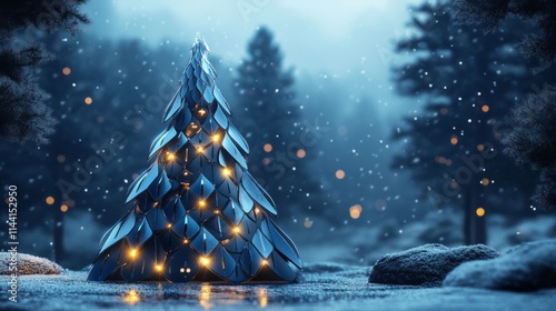 A bold steel modern Christmas tree, icy blue tones, glowing lights, snow blanketing the surroundings photo