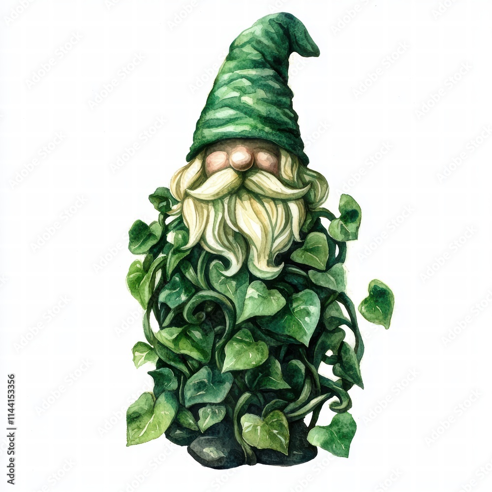 Obraz premium A whimsical gnome with a green hat is surrounded by leafy vines, embodying a playful, magical forest spirit.
