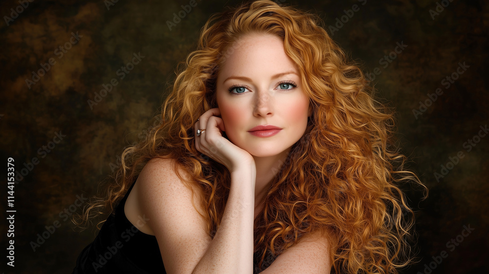Captivating portrait of a pensive woman with curly red hair in a professional setting