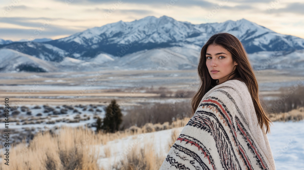 Portrait of a Native American woman in winter scenery with mountains in background