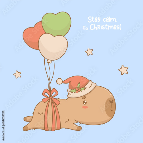 Christmas cute capybara in Santa hat flies with balloons. Funny New Year winter cartoon kawaii character animal. Kids collection. Vector illustration. Holiday card with cool phrase photo