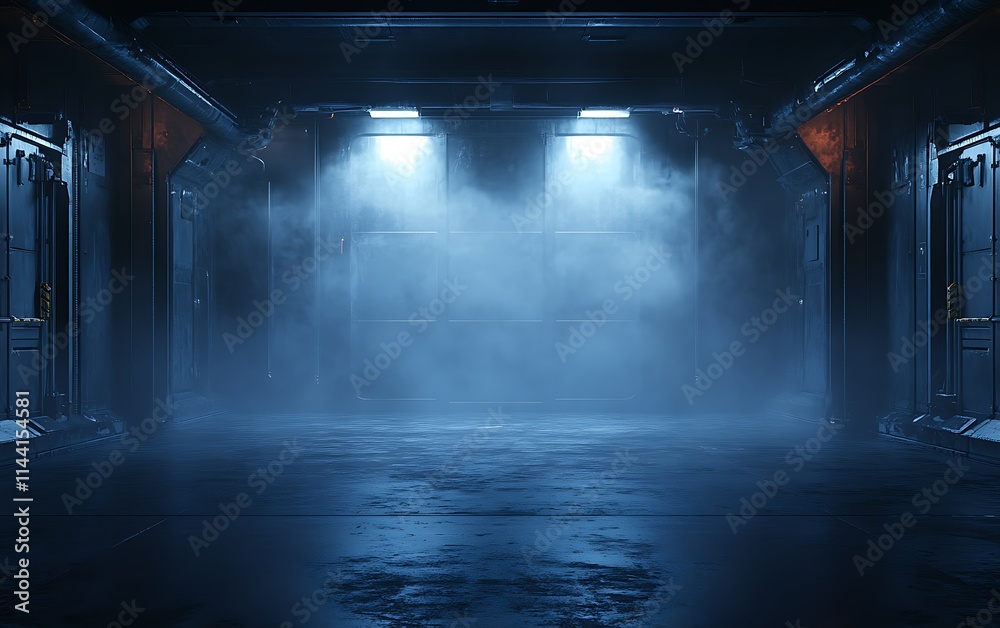 Futuristic corridor with smoky atmosphere, illuminated by bright lights, metallic doors on both sides, and a reflective floor. Futuristic corridor with smoky atmosphere, illuminated by bright lights, metallic doors on both sides, and a reflective floor.