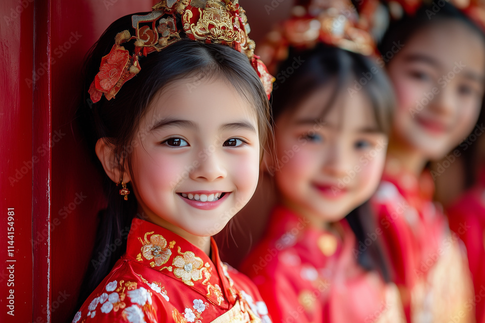 Family gathering in front of a red door with joyful smiles and traditional attire during a cultural celebration