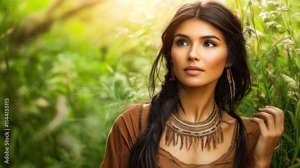Portrait of a Native American woman in a natural setting with a warm glow Portrait of a Native American woman in a natural setting with a warm glow