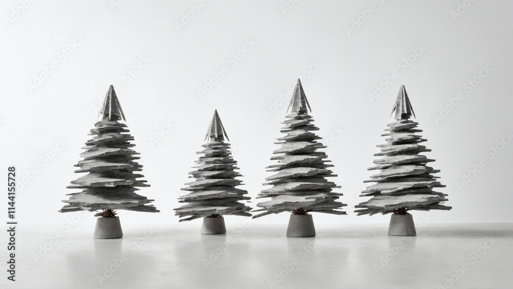 Fototapeta premium Four slate christmas trees on concrete pots