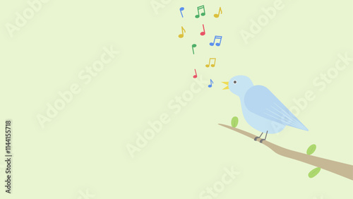 A blue bird perched on a branch, singing colorful musical notes on a light green background
