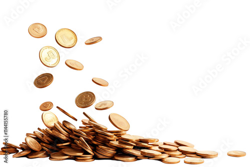 A dynamic scene capturing a pile of coins with some coins falling, representing wealth, finance, and economic growth. Perfect for illustrating themes of money and investment. photo