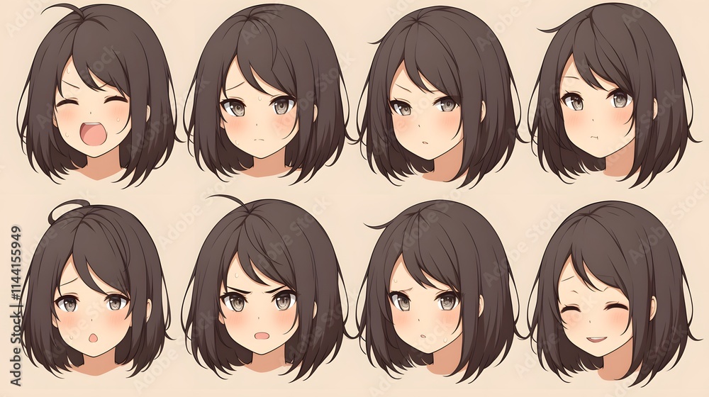 Character sheet of young girl with expressions, anime style Character sheet of young girl with expressions, anime style