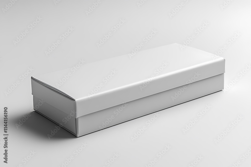 White flat horizontal rectangle blank box from side angle. 3D illustration isolated on white background. White flat horizontal rectangle blank box from side angle. 3D illustration isolated on white background.