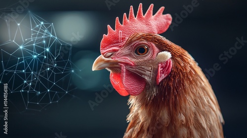 Poultry safety concept. A close-up of a chicken's head with a glowing network graphic, showcasing a blend of nature and technology in a vibrant setting.