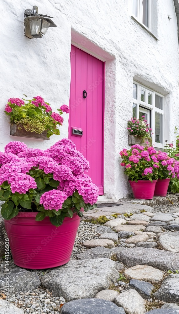 Naklejka premium Welcoming Cottage Entrance Bright Pink Door and Lush Flower Pots by a Quaint White Cottage Facade.