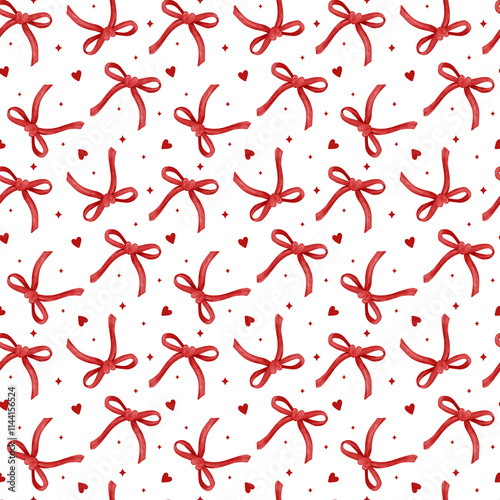 Retro Vintage Coquette Valentine Seamless Pattern Riboon Bow Heart Watercolor