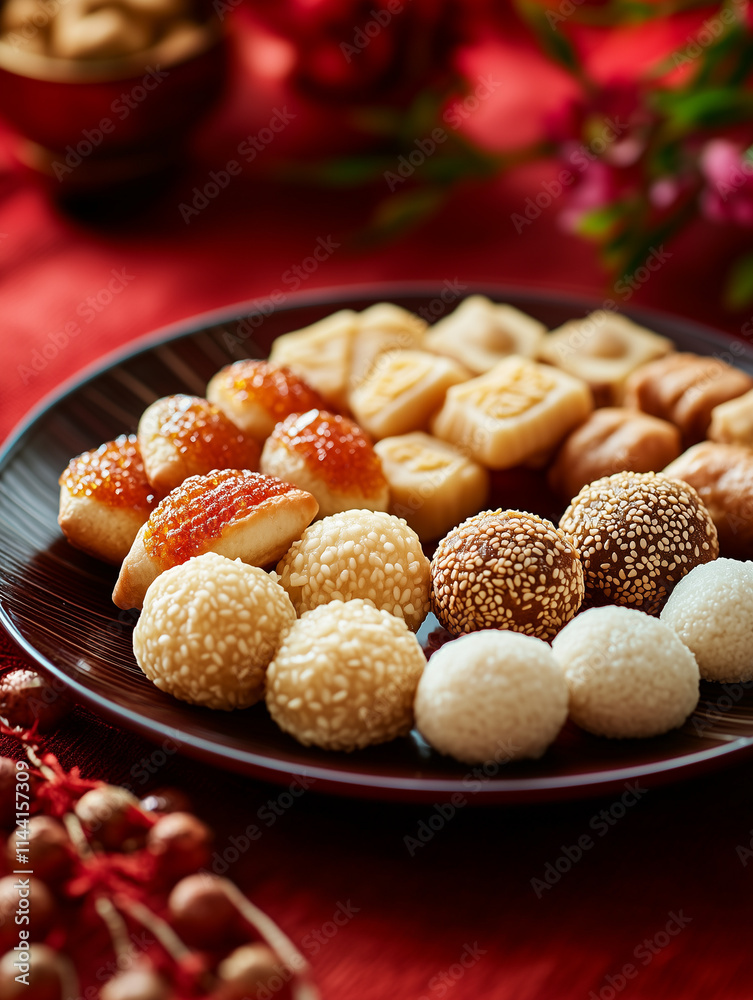 Traditional Lunar New Year snacks arranged on a decorative plate for festive celebration with vibrant colors Traditional Lunar New Year snacks arranged on a decorative plate for festive celebration with vibrant colors