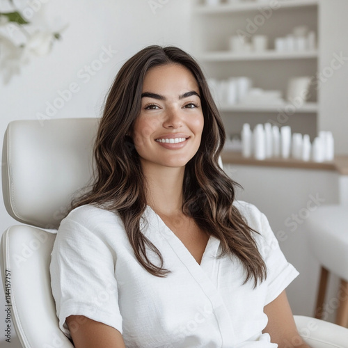 A young woman in a cosmetologist's or dentist's chair..