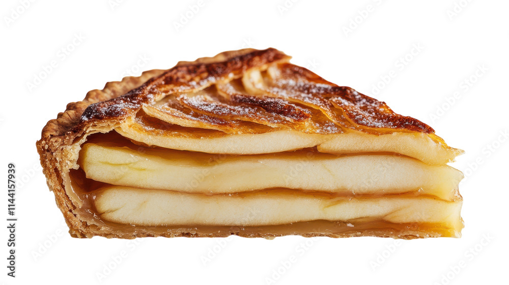 A Freshly Baked Apple Pie Slice with Exquisite Layers Showcasing Deliciousness Ideal for Dessert Menus and Food Photography. A Freshly Baked Apple Pie Slice with Exquisite Layers Showcasing Deliciousness Ideal for Dessert Menus and Food Photography.