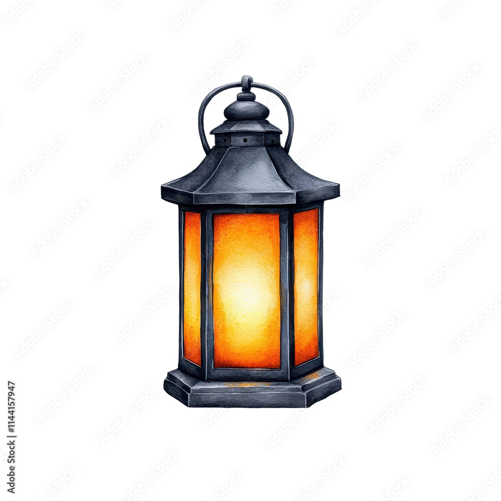 Traditional Watercolor Lantern with Glowing Light Traditional Watercolor Lantern with Glowing Light