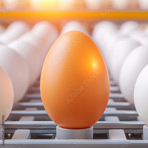 Poultry safety concept. An orange egg stands out among white eggs on a conveyor belt, symbolizing uniqueness in a uniform setting. photo