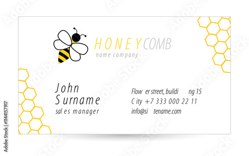 Creative business card for the honey company. Bee logo . Vector illustration .