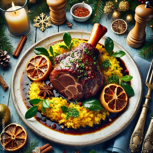 Slow-Cooked Ossobuco with Risotto: Veal shank cooked to perfection with saffron risotto, garnished with gremolata and served with festive winter accents. Ai photo