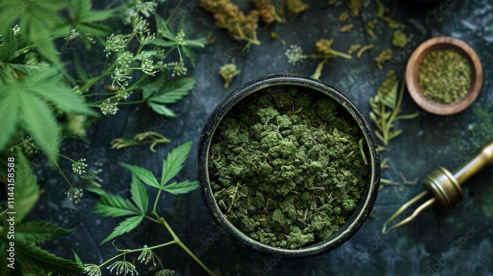 Top-down view of herbs and spices in rustic bowls on dark background Top-down view of herbs and spices in rustic bowls on dark background
