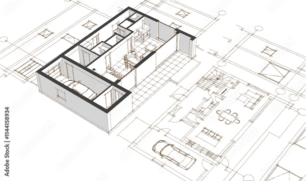 house architectural project sketch 3d illustration house architectural project sketch 3d illustration