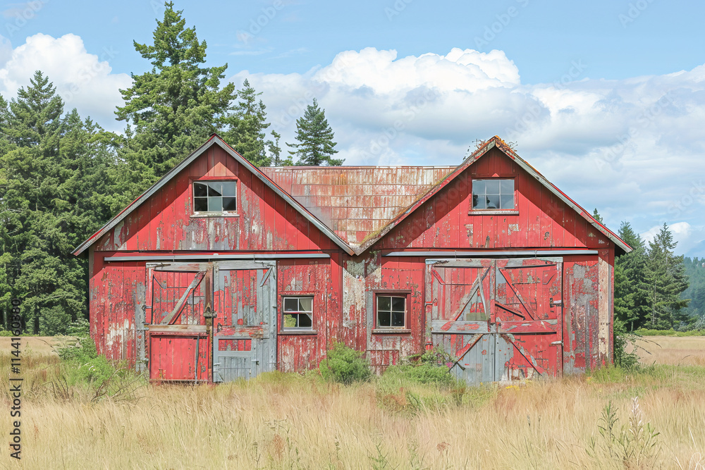 Obraz premium Two old red wooden barns standing in field on farm