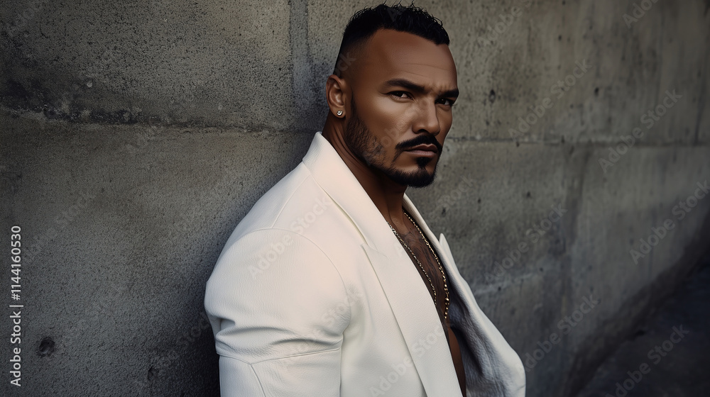 Obraz premium Confident mixed race man poses stylishly outdoors with a concrete backdrop during daylight