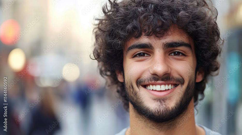 Smiling mixed race man enjoying a lively street atmosphere in the city