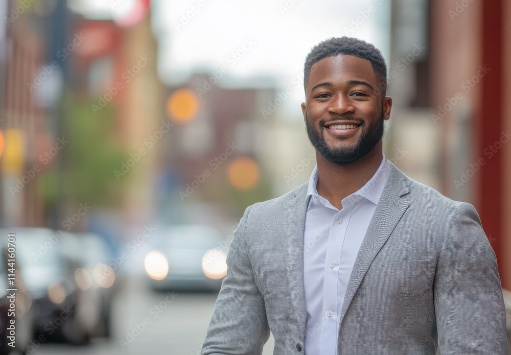 Confident Young Businessman in Formal Attire Smiling While Standing on Urban Street with Cars and Blurred Background in Soft Daylight Confident Young Businessman in Formal Attire Smiling While Standing on Urban Street with Cars and Blurred Background in Soft Daylight