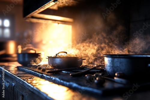 A kitchen scene with steaming pots on a stove, illuminated by warm light, creating a cozy atmosphere. photo