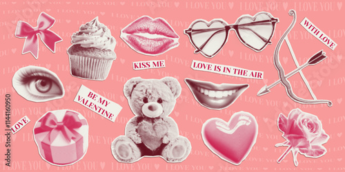 Collage elements for Valentine's Day cut from paper with halftone effect. Trendy vintage sticker for card, banner, background.
